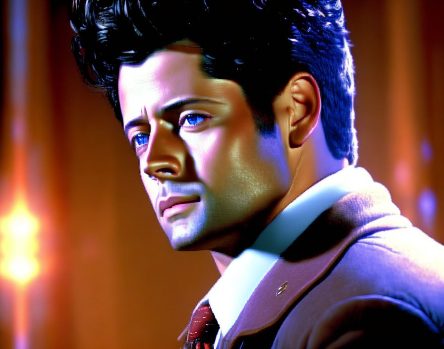 3D-rendered man with coiffed hair in coat on amber background