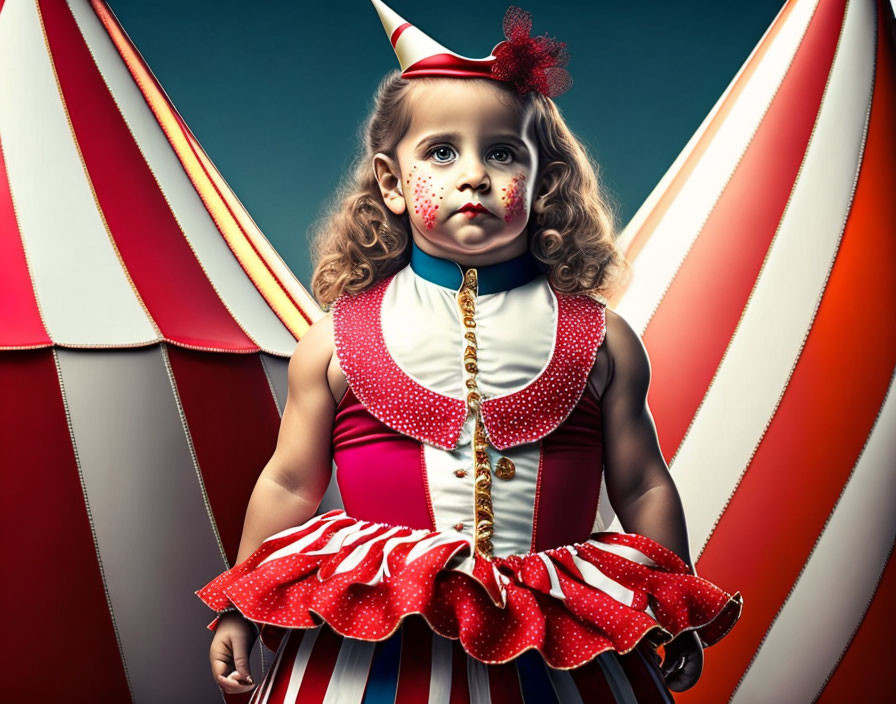 Child in vintage circus performer costume against striped tent backdrop