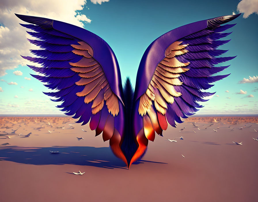 Large vibrant butterfly wings with fiery gradient over desert landscape