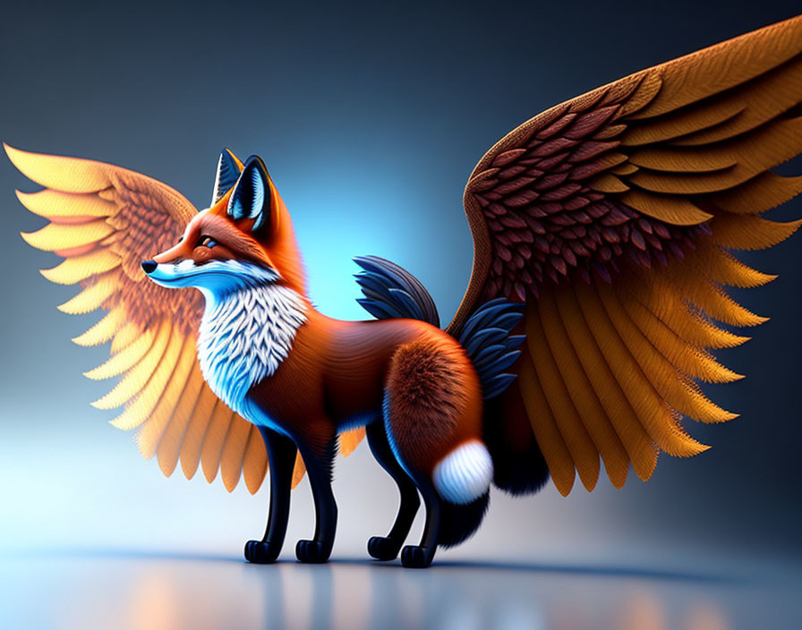 Stylized fox with detailed wings on blue background