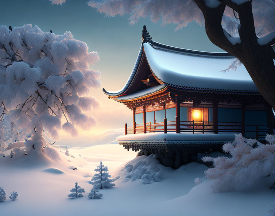 Winter Scene: Asian Pavilion in Snow-Covered Landscape