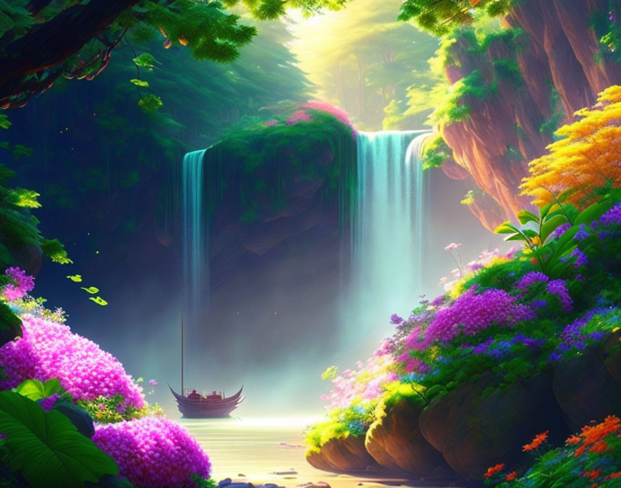 Tranquil boat near majestic waterfall amid lush flora