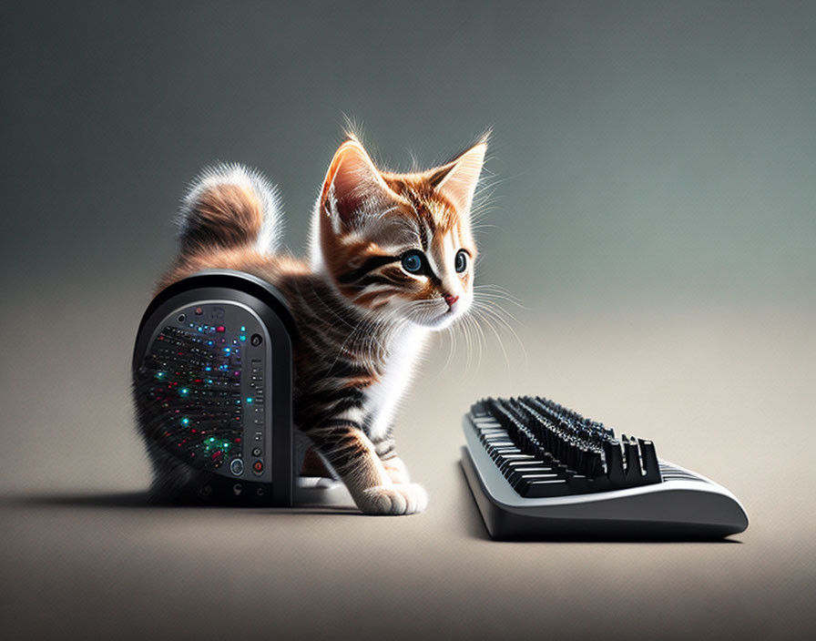 Curious kitten next to small synthesizer on gradient background