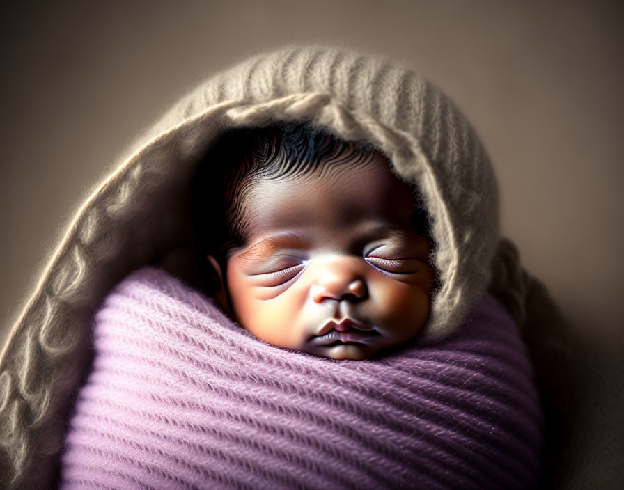 Newborn baby sleeping in purple and beige blankets