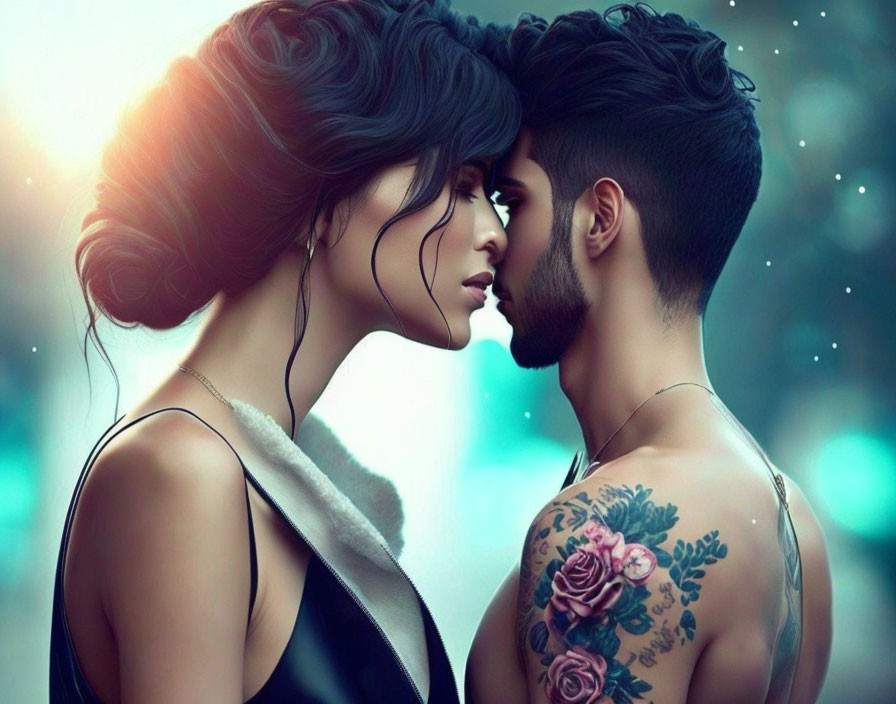 Intimate pose of two people with stylized hair against soft-focus background