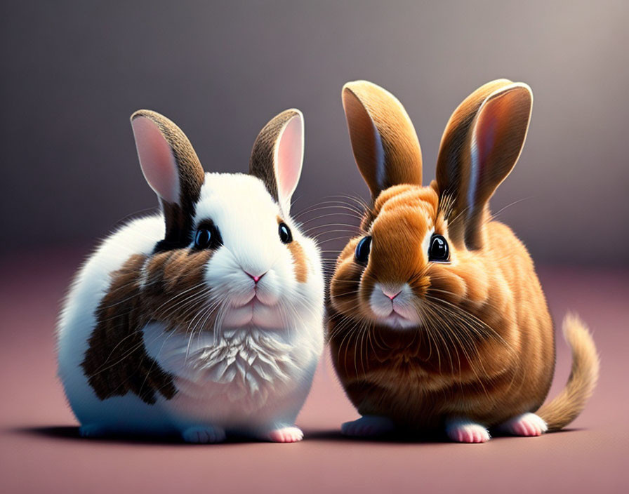 Stylized rabbits with large eyes and soft fur, one white and brown, the other golden brown