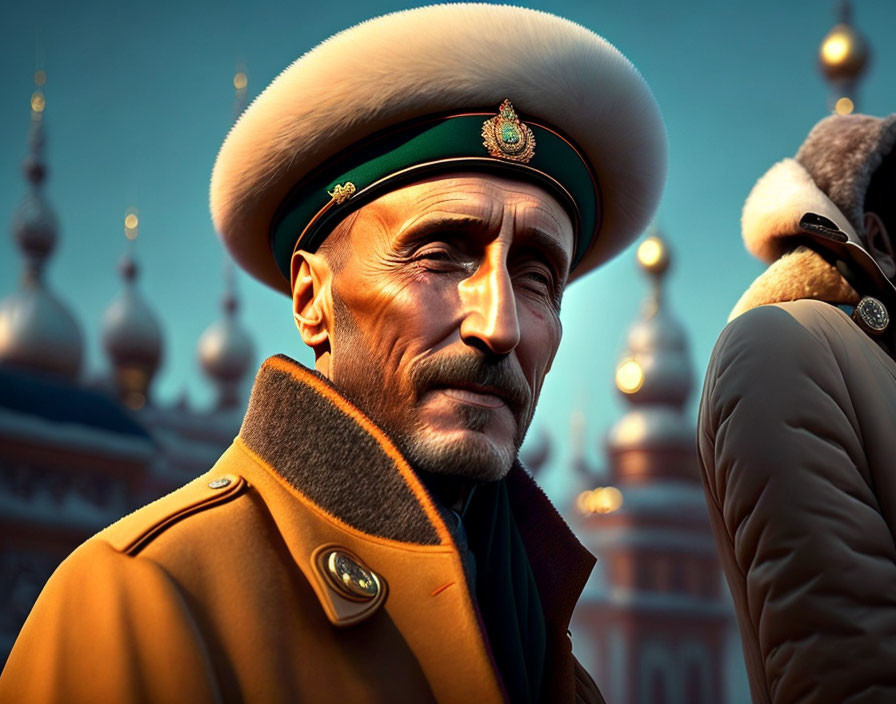 Historical military attire illustration with stern-faced man in front of Russian architecture