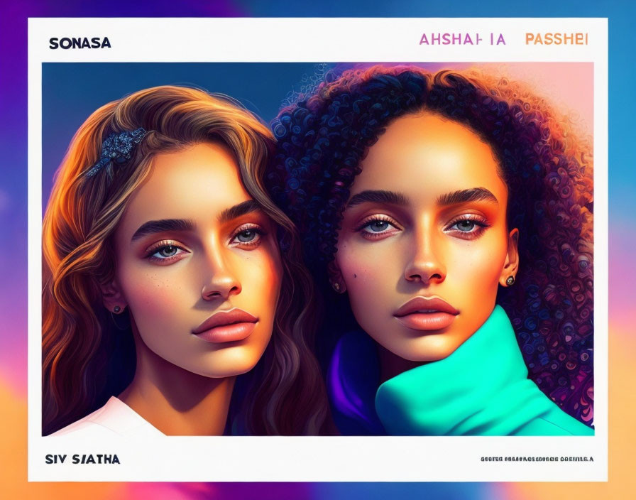 Colorful digital artwork: Two stylized female portraits with unique features on gradient background.