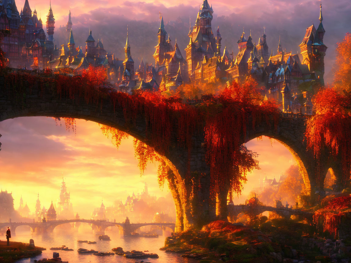 Majestic stone bridge in a fantastical sunset landscape