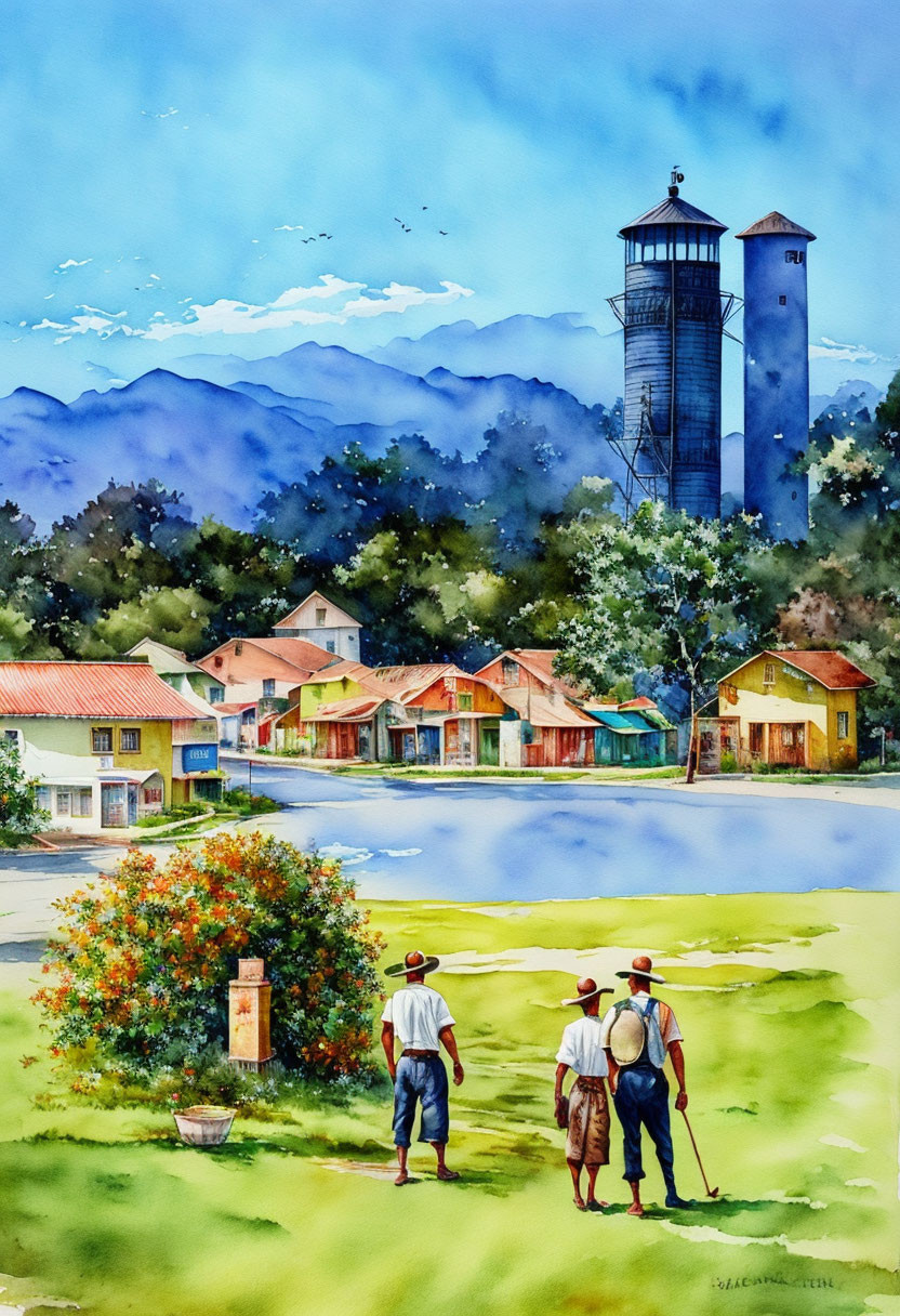 Village scene with individuals by pond, colorful houses, mountains, and water tower