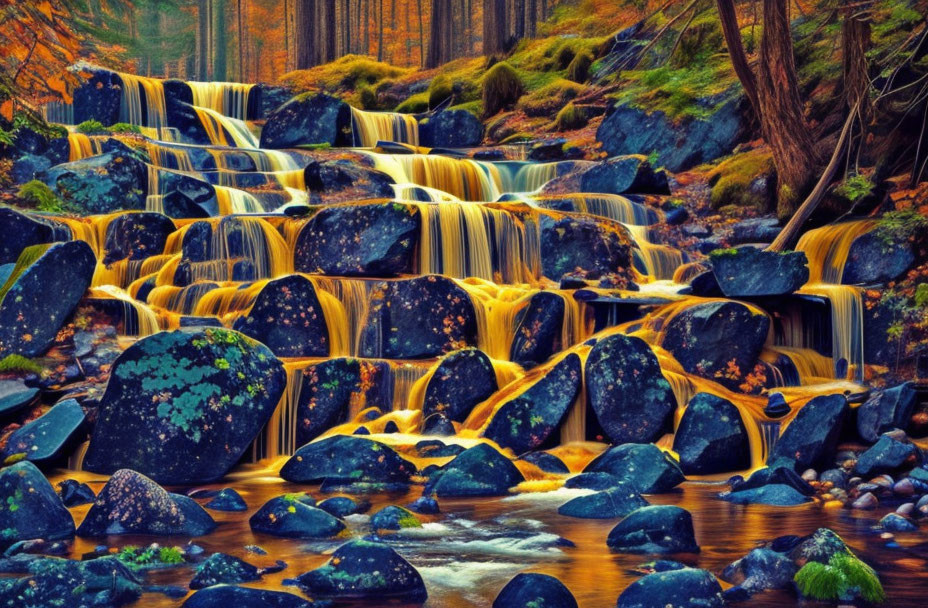 Autumn forest scene with moss-covered rocks and cascade waterfall