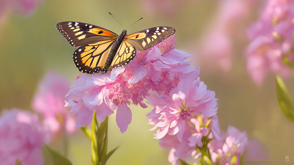 Monarch Butterfly on Pink Flowers with Green Background