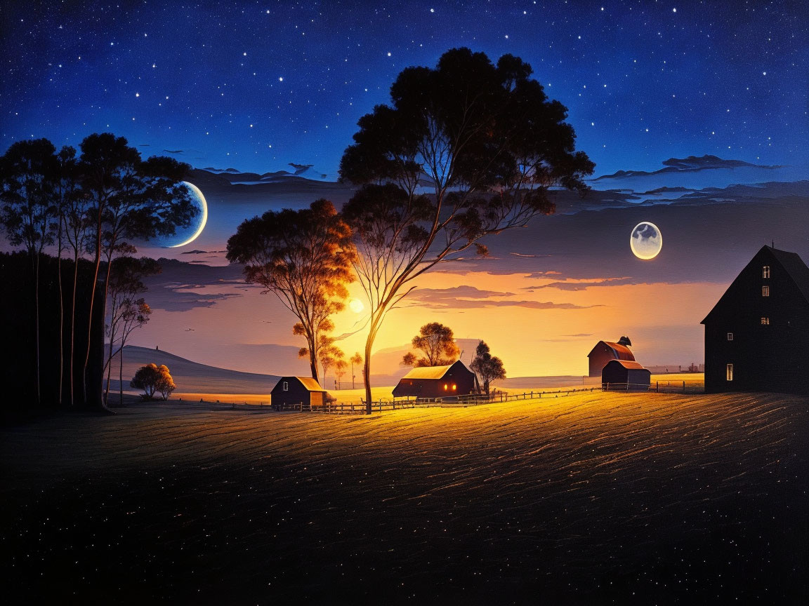 Rural farmland scene with glowing tree, barns, starry sky, and double moons