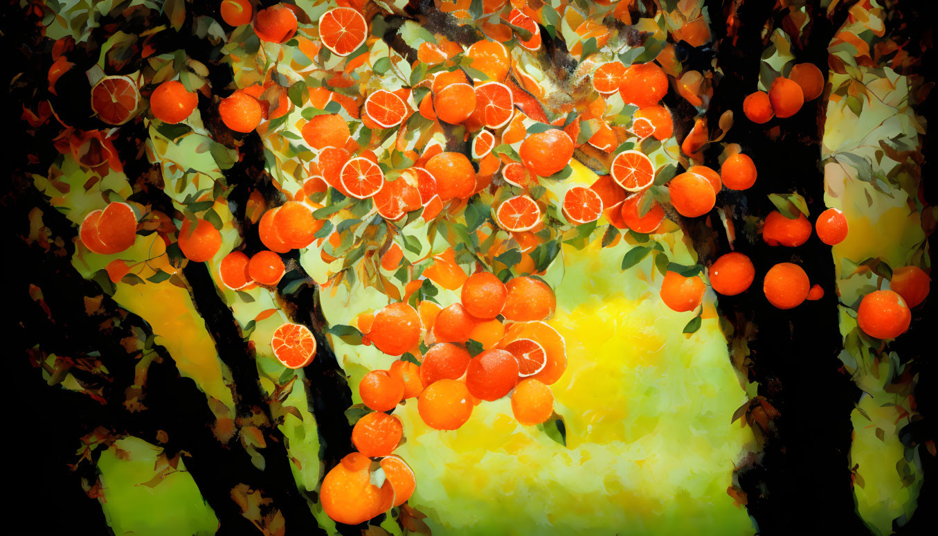 Vibrant orange tree with ripe fruits and lush green leaves in warm painting style