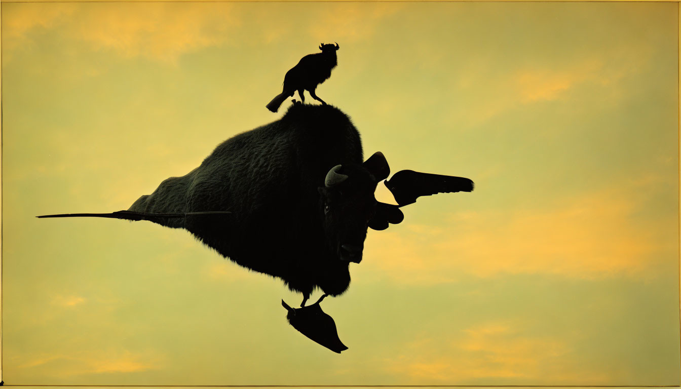 Monkey riding flying bull in yellow sky