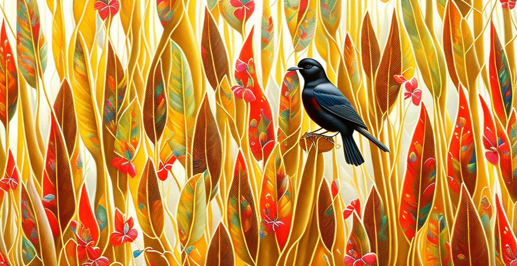 Vibrant bird on golden plants and red butterflies background