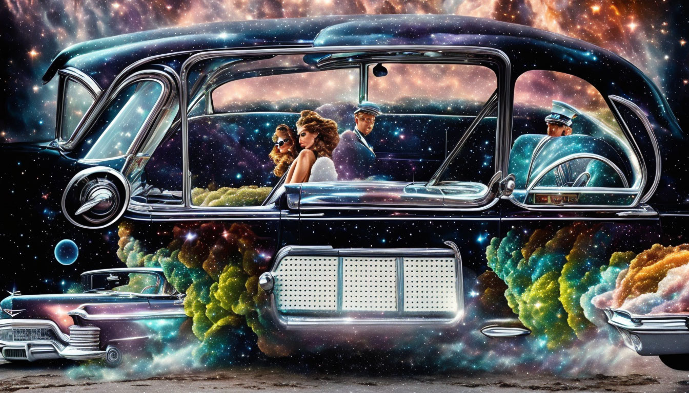 Vintage car and passengers against cosmic backdrop with nebula and stars.