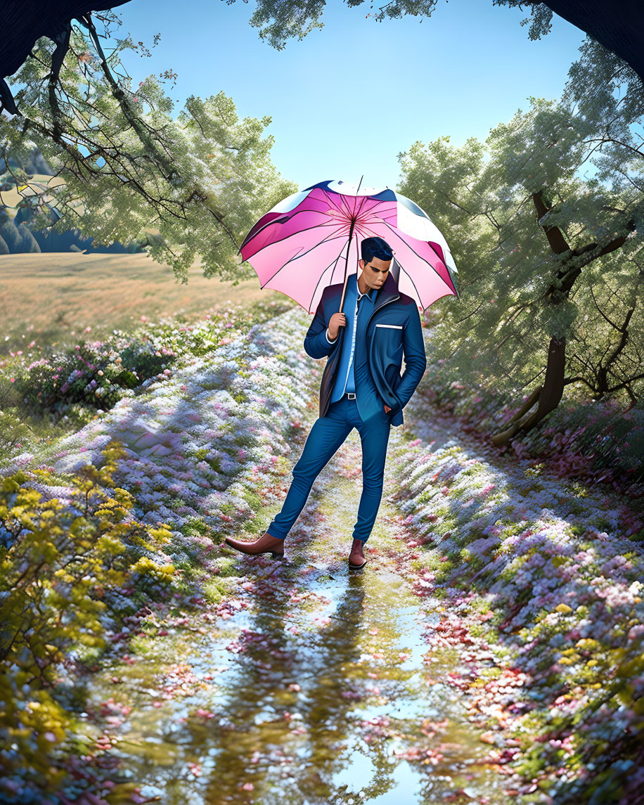 Fashionable person strolling under pink umbrella on flower-lined path