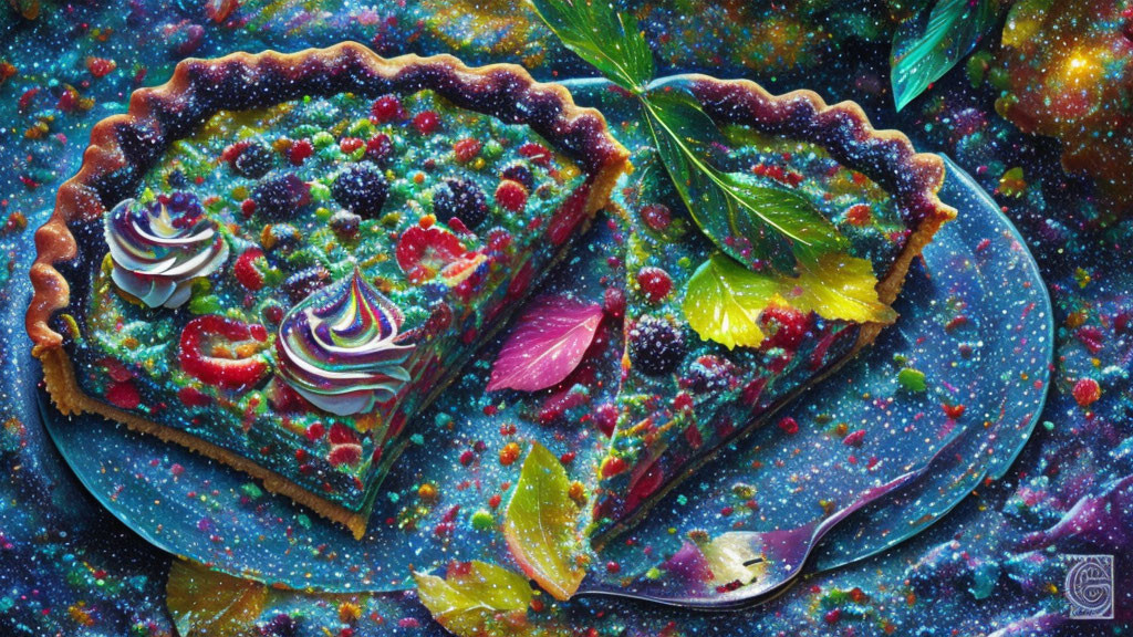 Colorful Cosmic Berry Pie Illustration on Starry Background