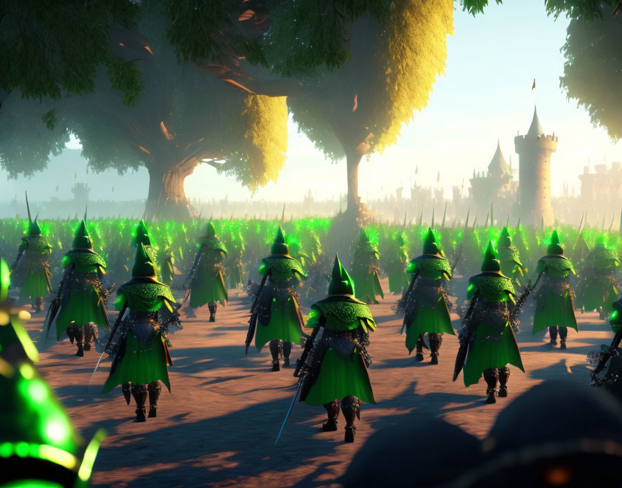 Animated green knights march towards distant castle under large trees