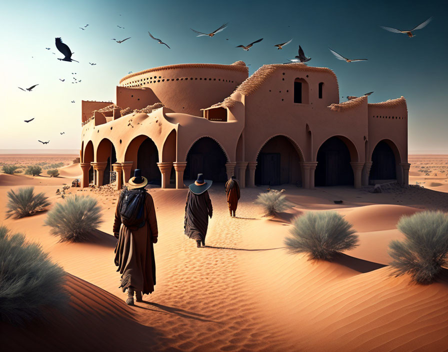 Three people near desert fortress with flying birds, sand dunes, and clear sky