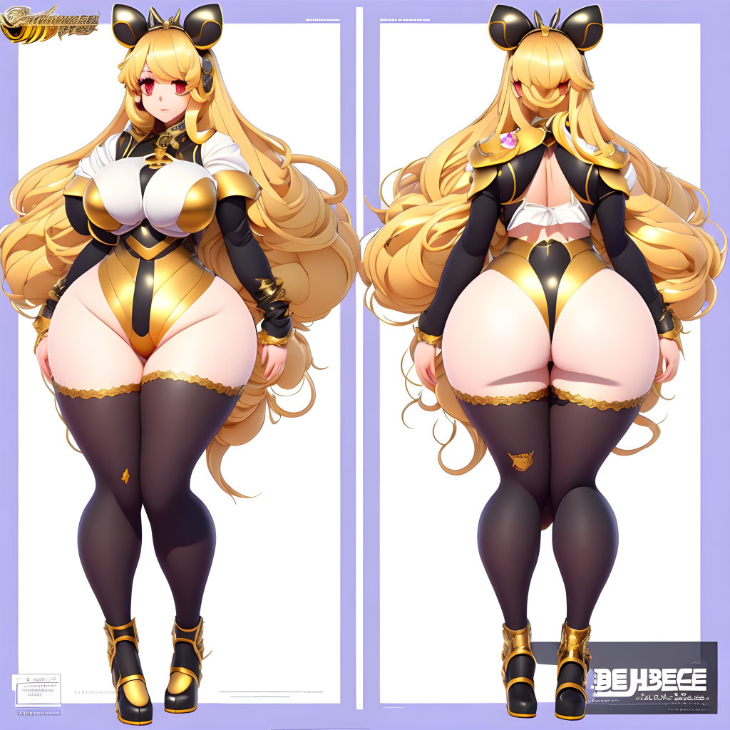 Anime-style illustration of voluptuous character in black and gold outfit with cat ears, featuring front and back