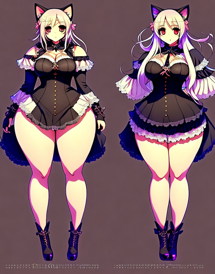 Anime-style female character with cat ears in black and purple maid outfit