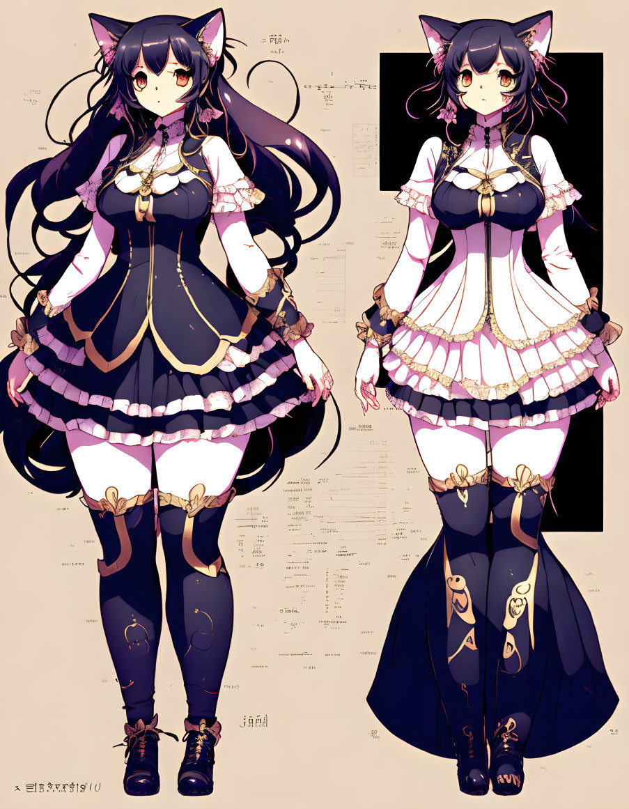 Anime-style character with black hair and cat ears in two outfits: black and white dress with gold accents