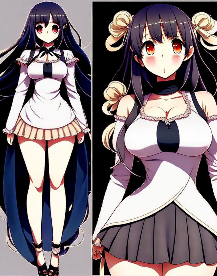 Anime girl with long black hair in maid outfit - Two illustrations