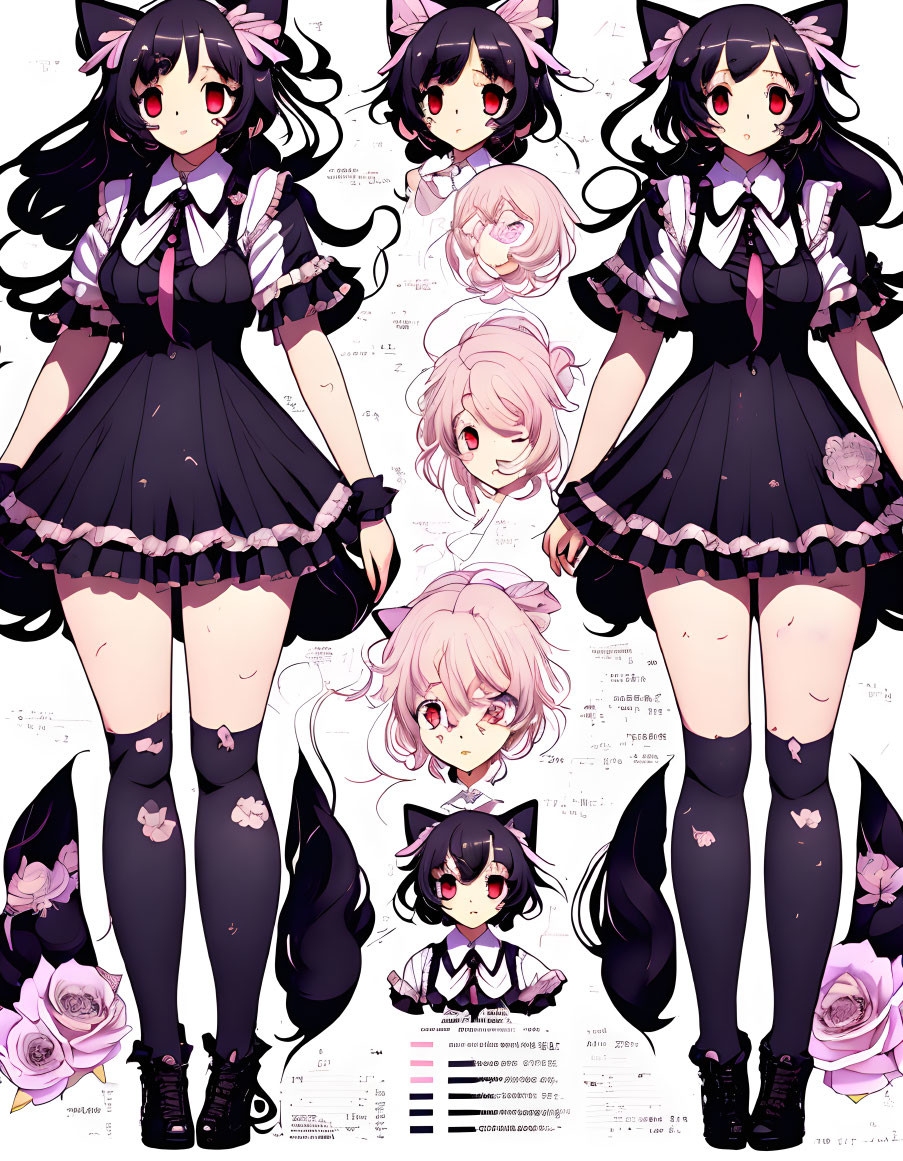 Character Design: Anime-style with Multiple Expressions, Black and Purple Outfit, and Varied Accessories