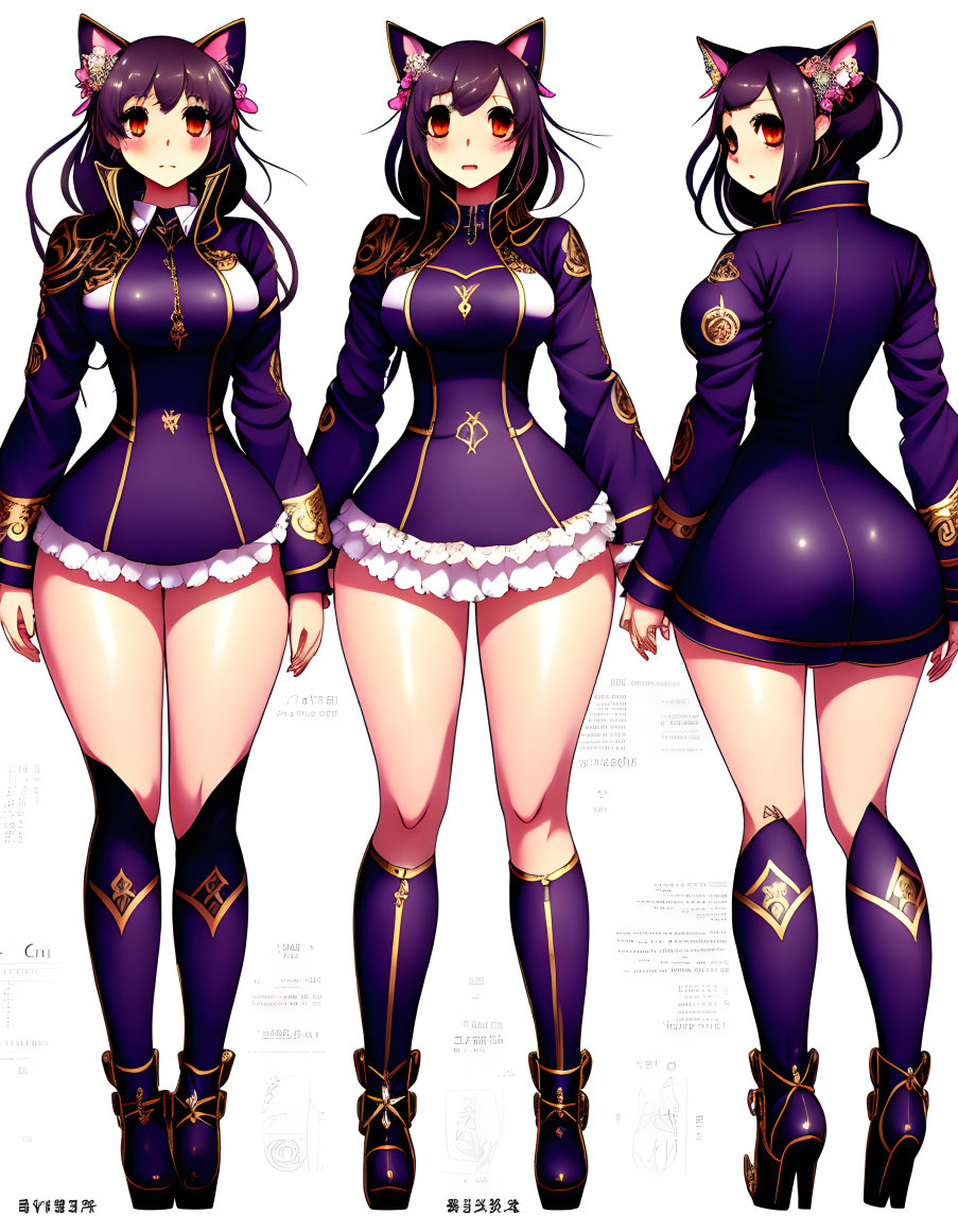 Illustrated female character in purple and gold military-style outfit with cat ears.