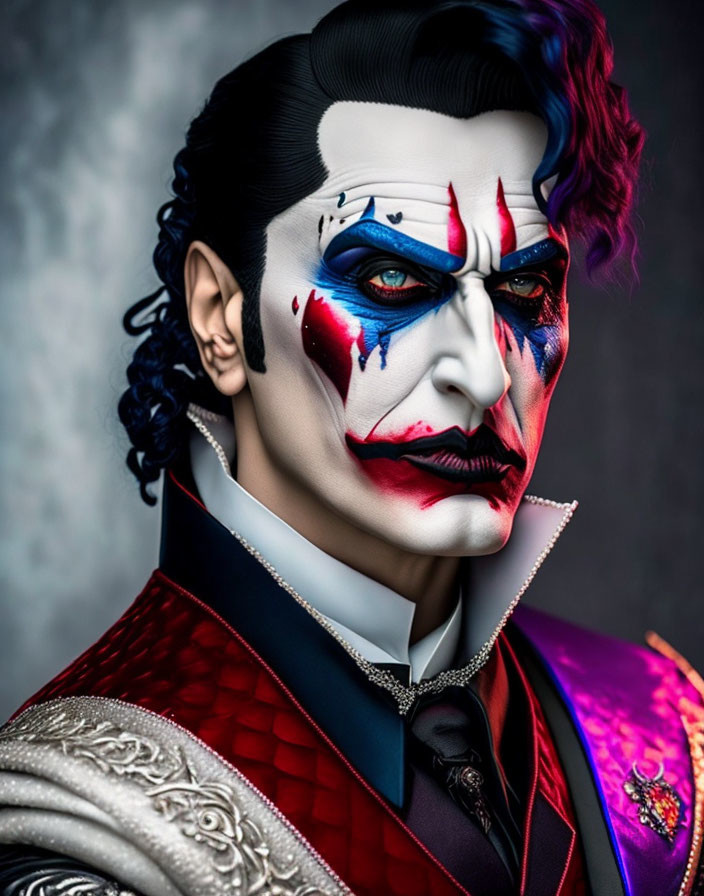 Elaborate Clown Makeup with Red and Blue Accents