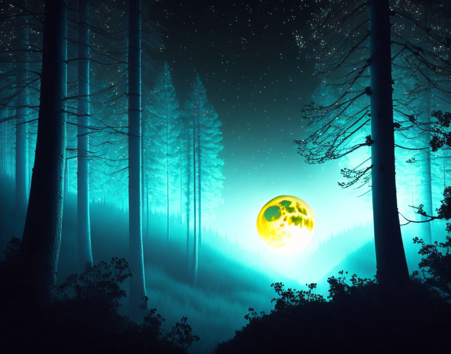 Enchanting night scene: mystical forest, glowing moon, starry sky, blue hue.