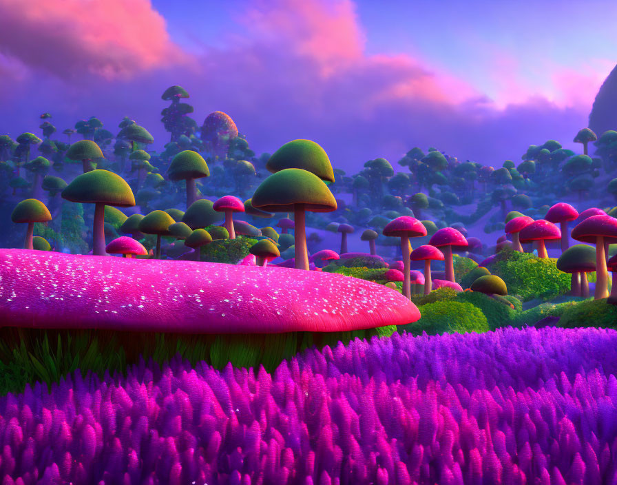 Fantasy landscape with oversized glowing mushrooms in purple and pink foliage