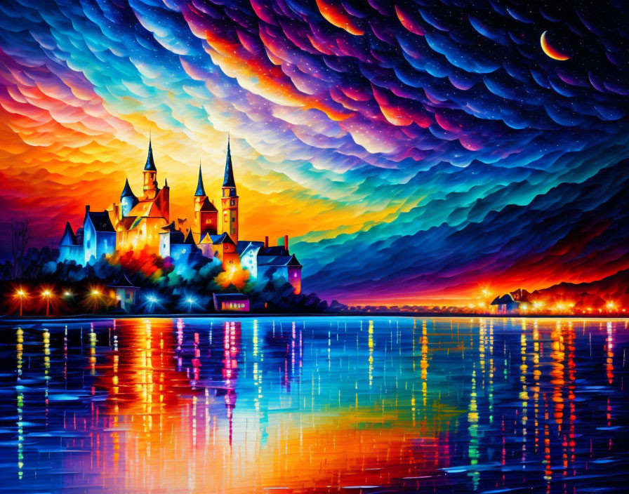 Colorful Castle Sunset Painting with Reflections in Lake