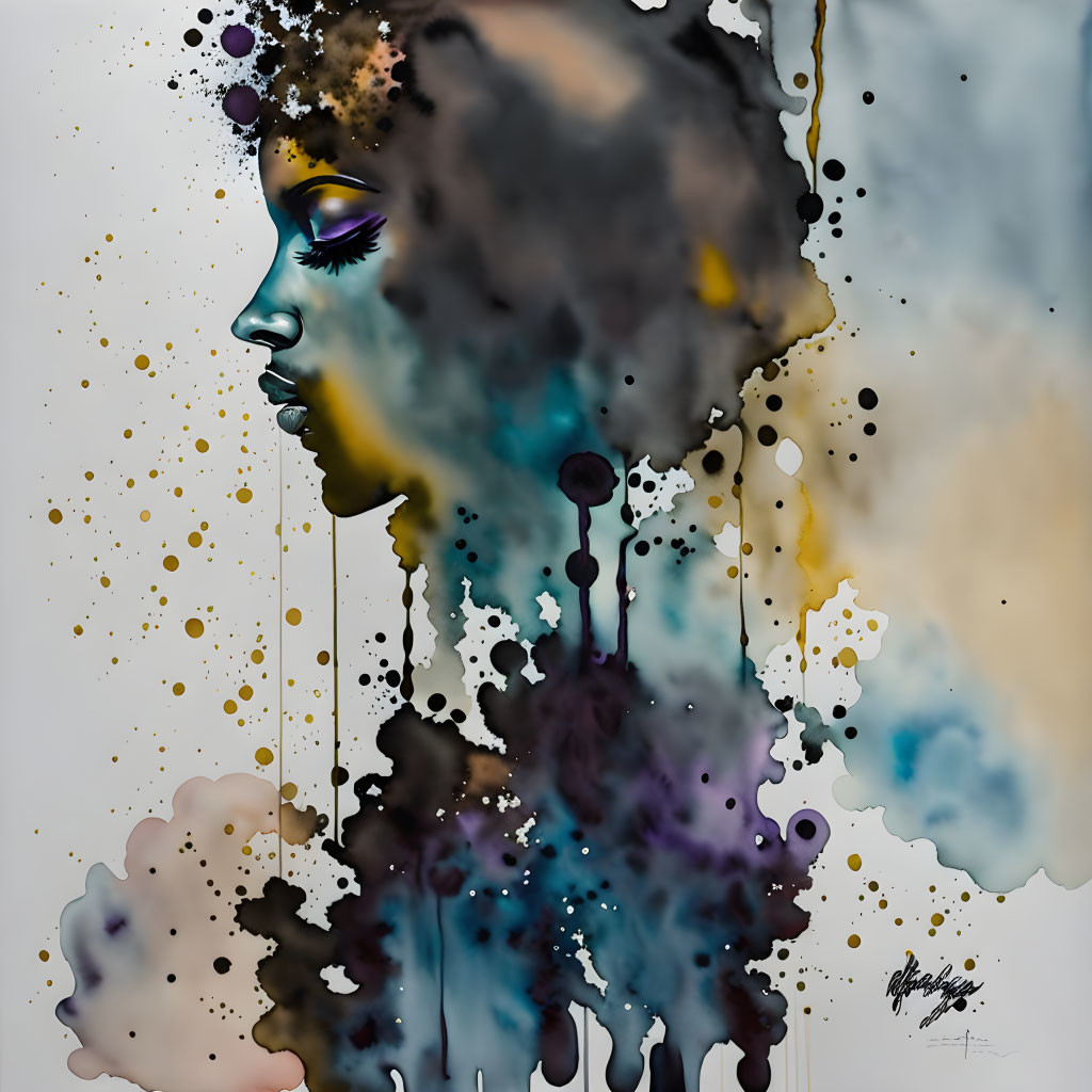 Woman's profile abstract art with watercolor splashes in black, blue, and gold hues