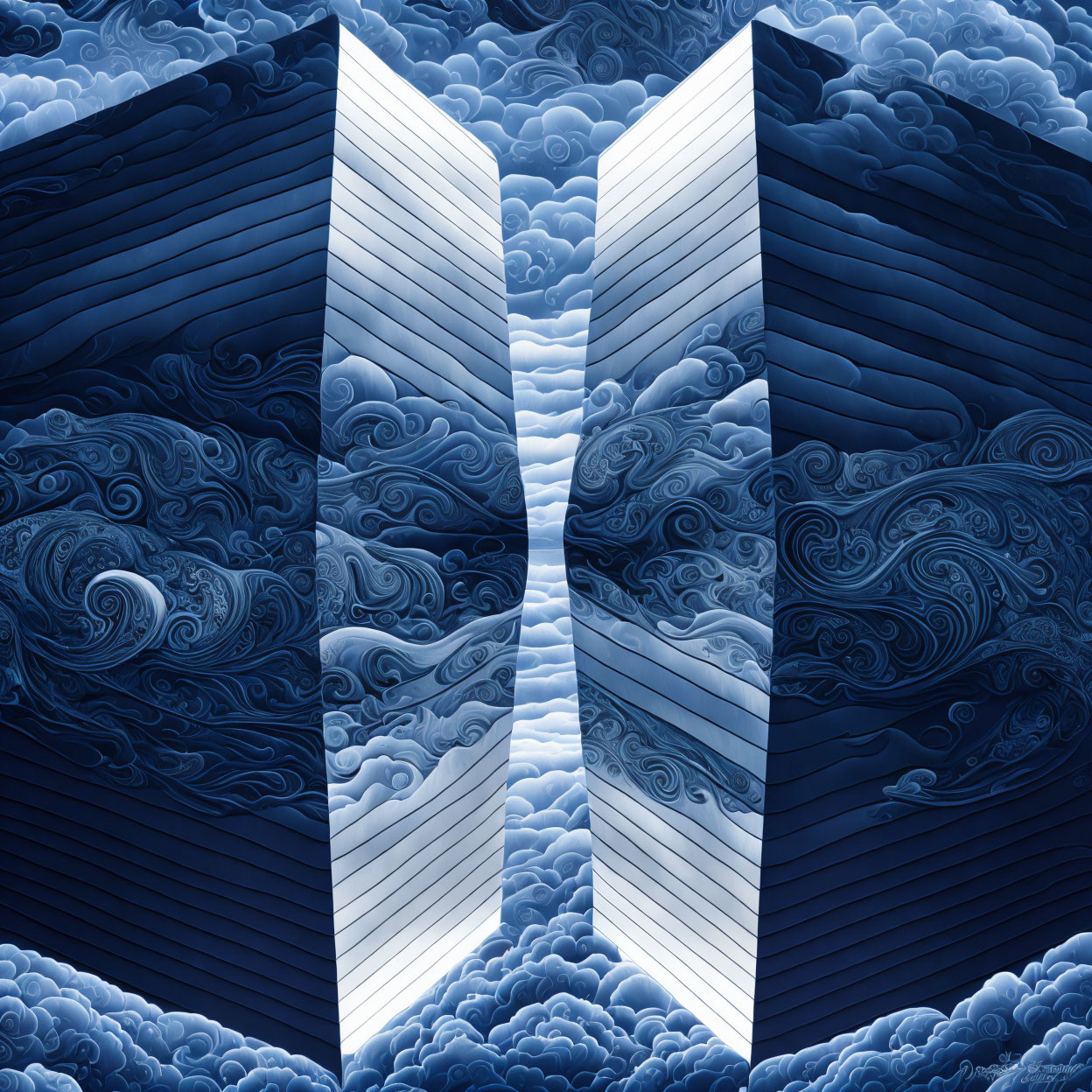 Symmetrical digital art with central white panels and blue waves