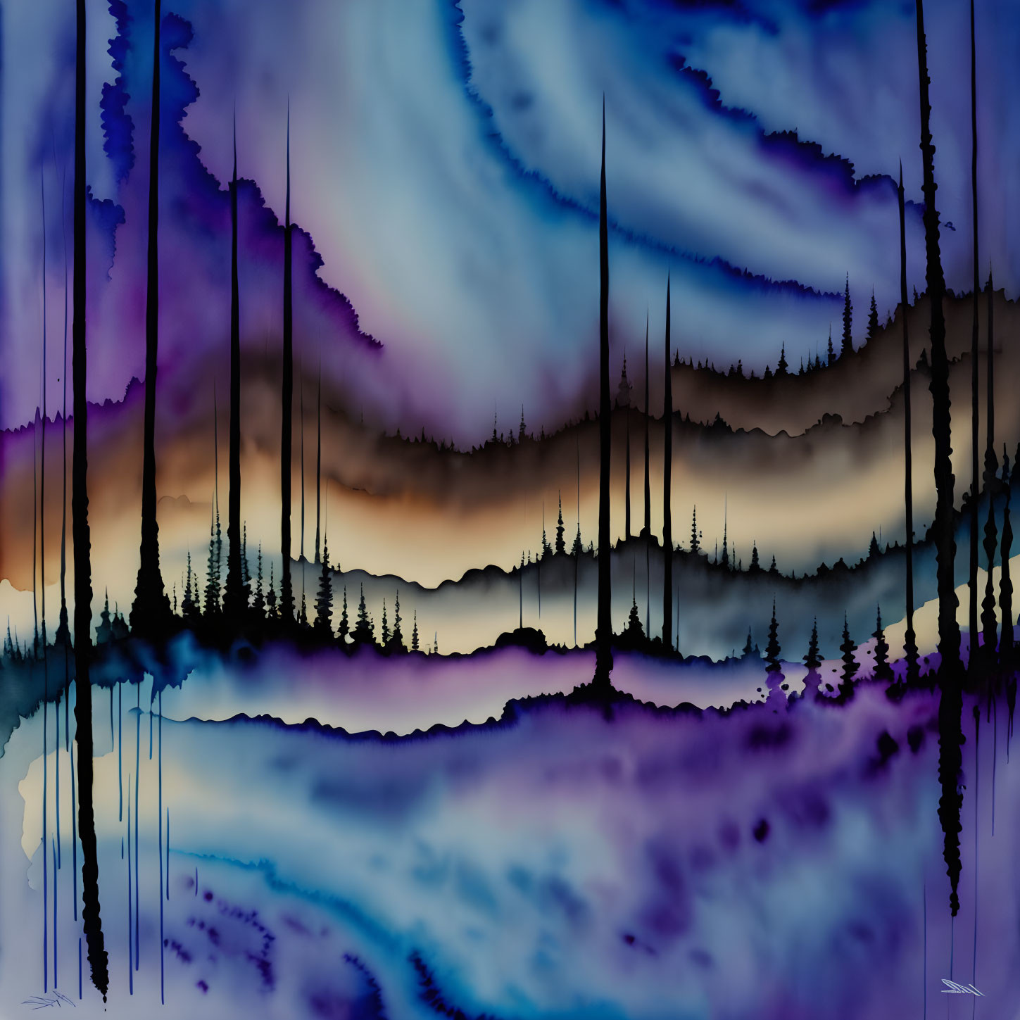 Abstract Digital Art: Silhouetted Pine Trees & Streaky Landscapes in Blue &