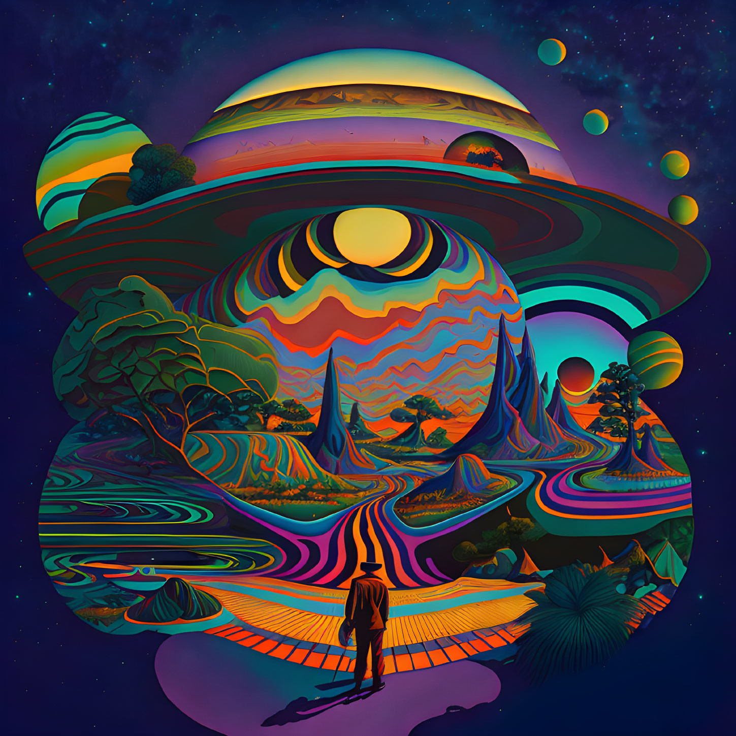 Colorful Psychedelic Illustration of Lone Figure in Surreal Landscape