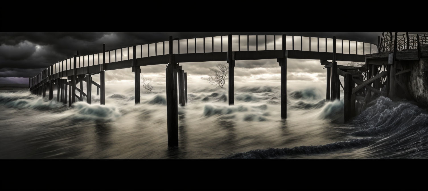 Monochrome panoramic pier scene over rough sea waves