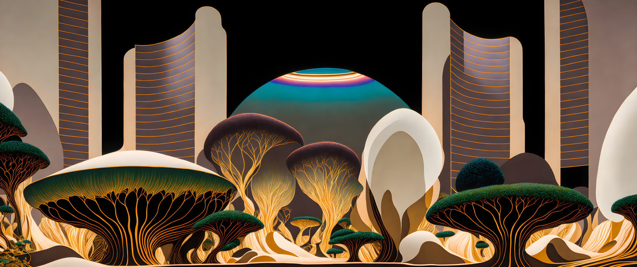 Surreal landscape featuring stylized mushrooms and towering structures under a cosmic sky.