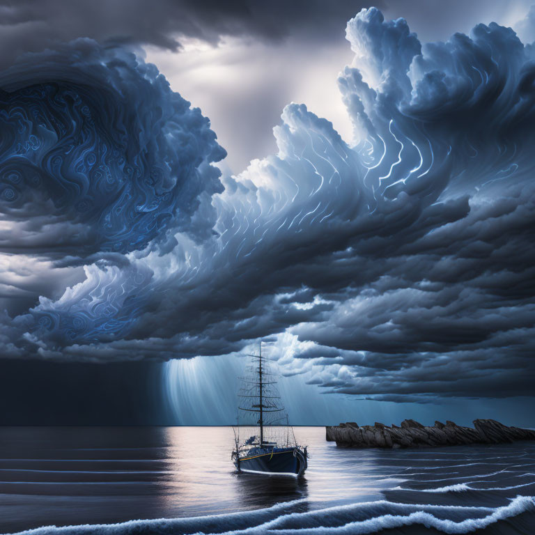 Surreal ship scene under swirling, ominous clouds