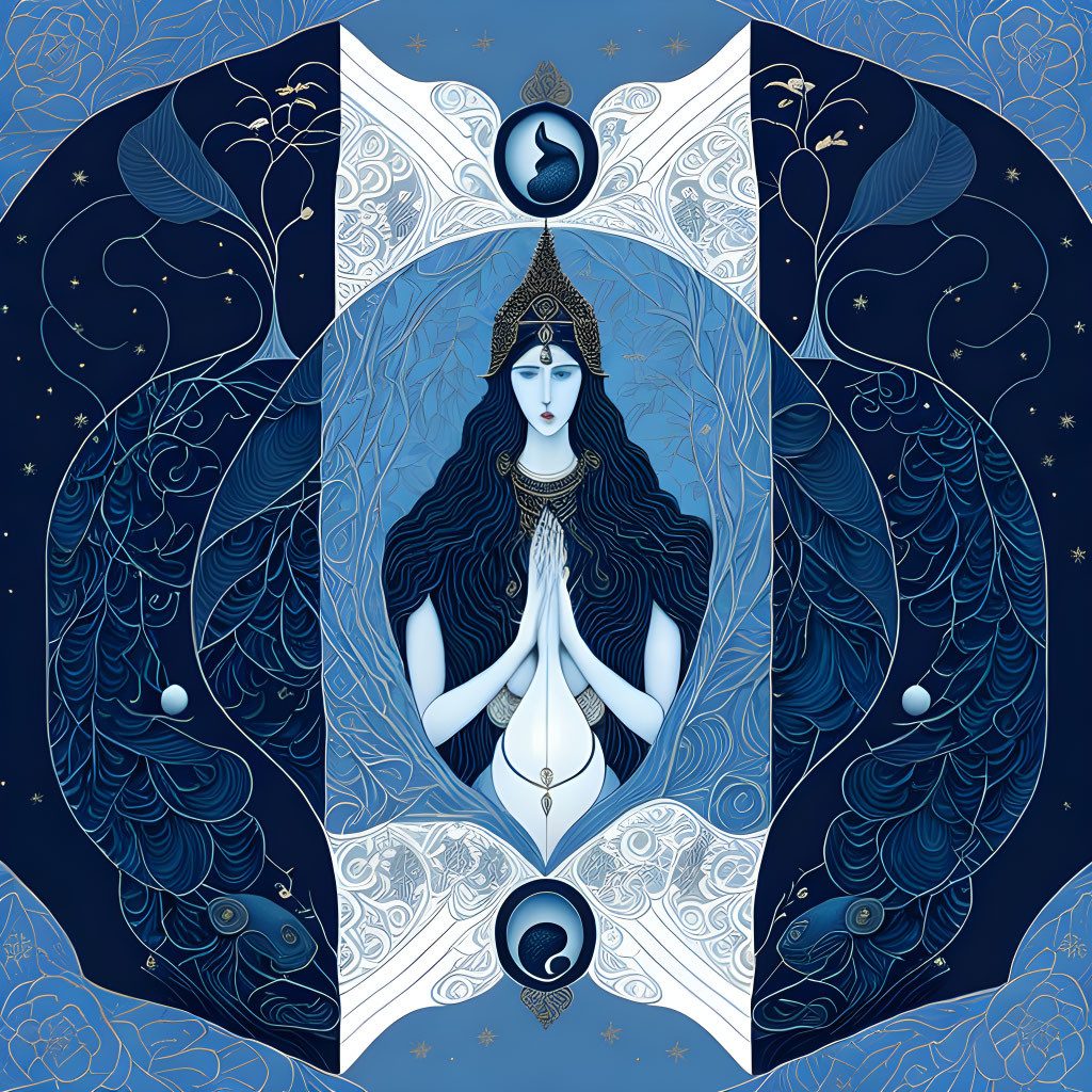 Celestial woman with peacocks in symmetrical illustration