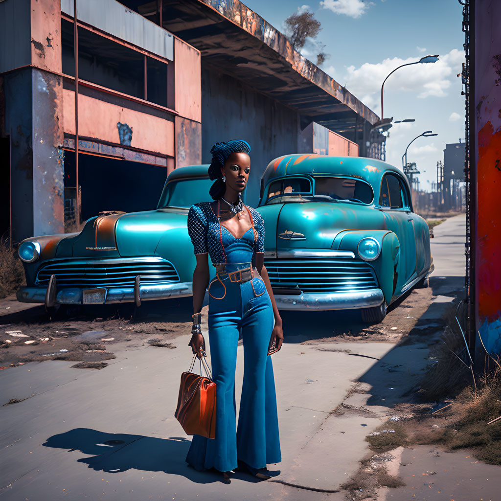 Stylish woman in blue attire near vintage cars on urban street