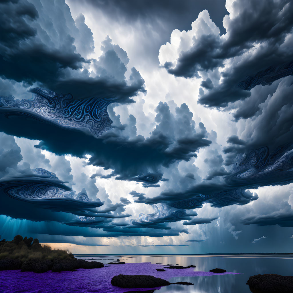 Digitally altered surreal landscape with swirling sky and purple lakeshore