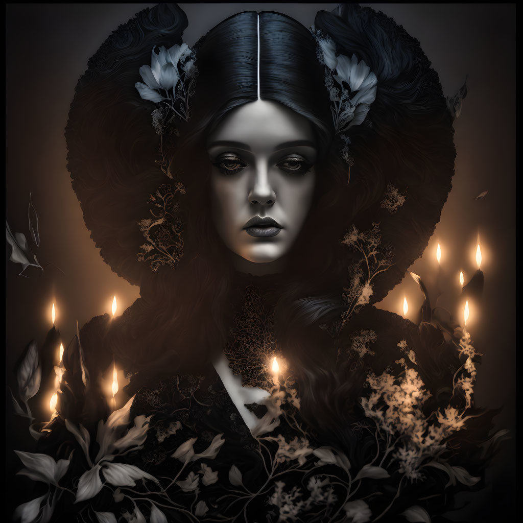 Gothic portrait of a woman in high collar lace dress with dark hair, surrounded by candles and