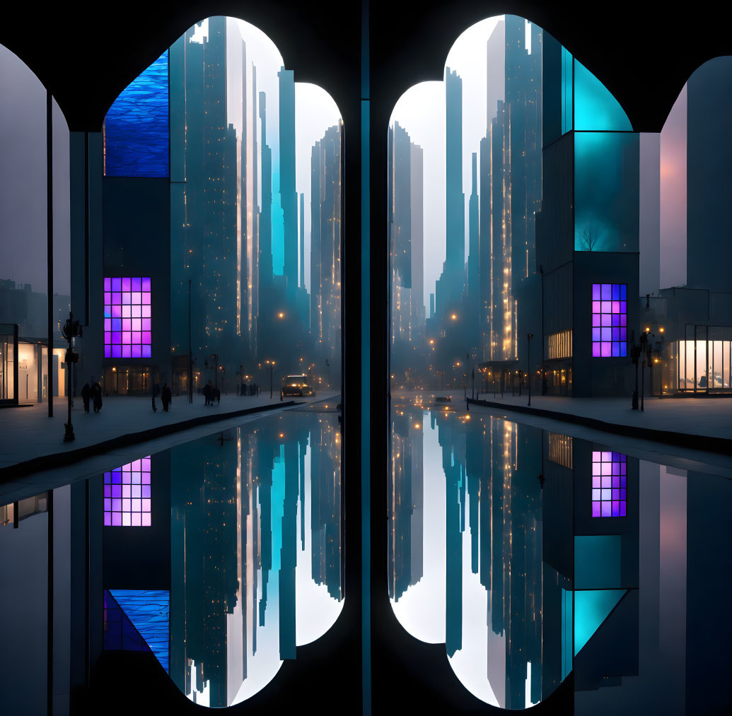 Futuristic cityscape mirrored at dusk with skyscrapers and glowing windows