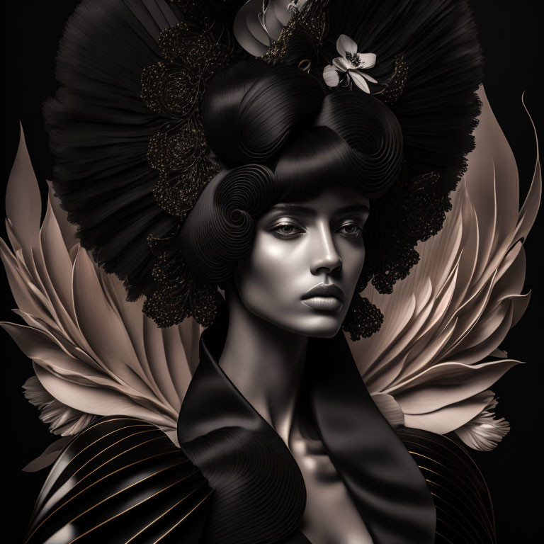 Monochromatic artwork: Woman with ornate floral headdress