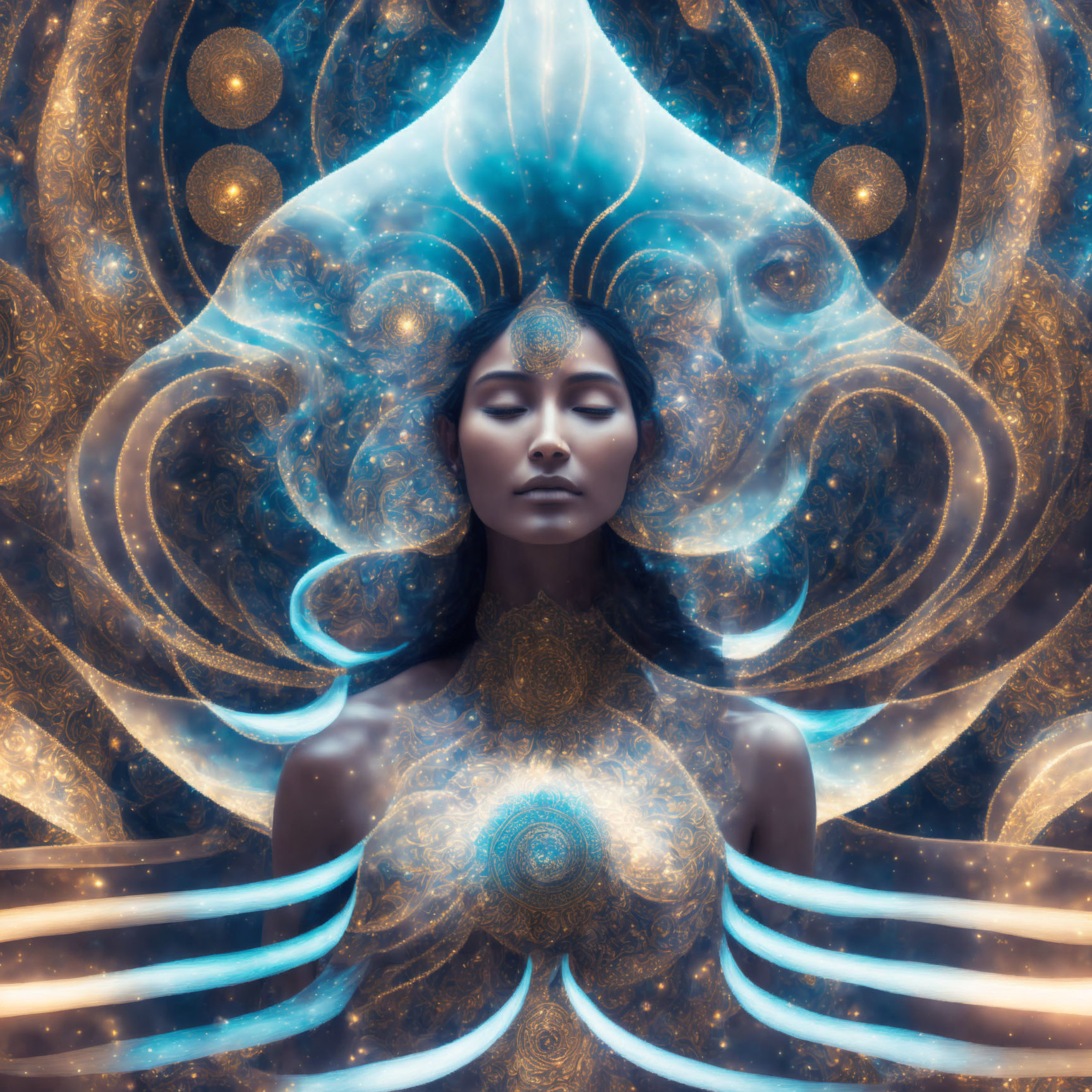 Serene woman with cosmic patterns and golden mandalas on celestial blue background