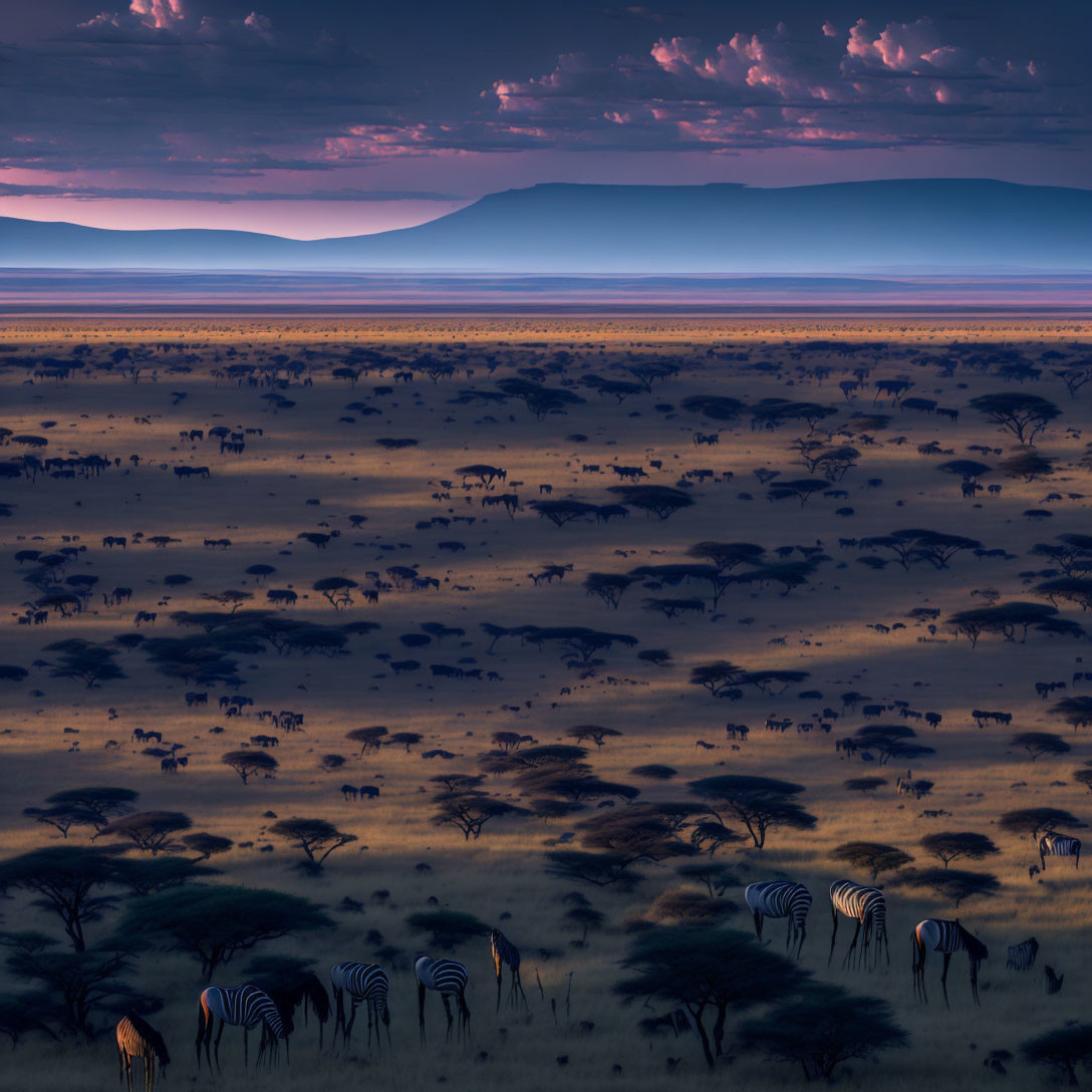 Twilight African savanna with zebras and wildlife under purple and orange sky